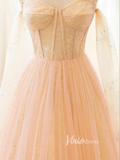 Champagne Starry Tulle Prom Dresses Off the Shoulder Evening Gown FD3425-prom dresses 2025 -Viniodress-Champagne-Custom Size-