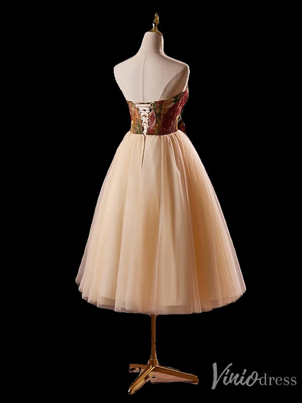 Champagne Strapless Homecoming Dress Jacquard Satin Hoco 2024 Back to School Dress 8015-prom dresses 2025 -Viniodress-Champagne-Custom Size-