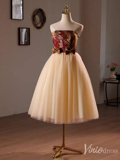 Champagne Strapless Homecoming Dress Jacquard Satin Hoco 2024 Back to School Dress 8015-prom dresses 2025 -Viniodress-Champagne-Custom Size-