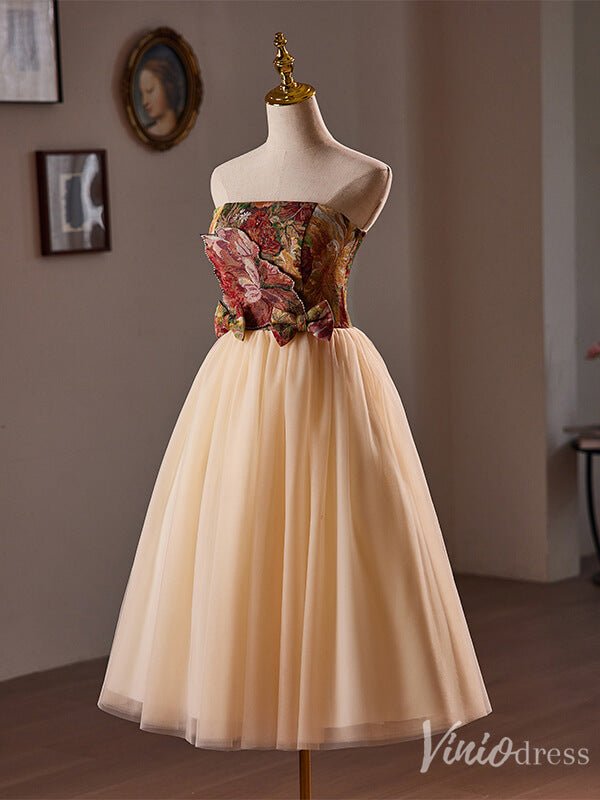 Champagne Strapless Homecoming Dress Jacquard Satin Hoco 2024 Back to School Dress 8015-prom dresses 2025 -Viniodress-Champagne-Custom Size-