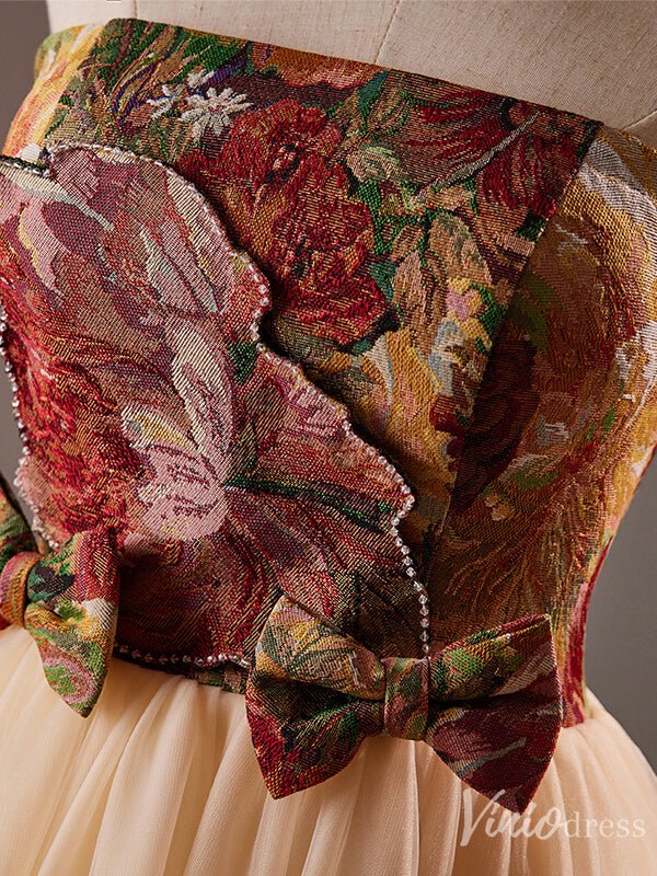 Champagne Strapless Homecoming Dress Jacquard Satin Hoco 2024 Back to School Dress 8015-prom dresses 2025 -Viniodress-Champagne-Custom Size-