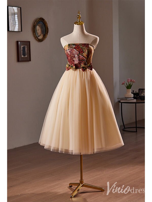 Champagne Strapless Homecoming Dress Jacquard Satin Hoco 2024 Back to School Dress 8015-prom dresses 2025 -Viniodress-Champagne-Custom Size-