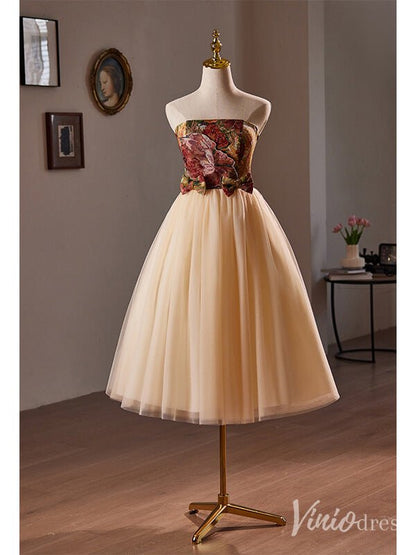 Champagne Strapless Homecoming Dress Jacquard Satin Hoco 2024 Back to School Dress 8015-prom dresses 2025 -Viniodress-Champagne-Custom Size-