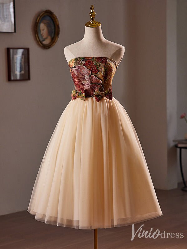 Champagne Strapless Homecoming Dress Jacquard Satin Hoco 2024 Back to School Dress 8015-prom dresses 2025 -Viniodress-Champagne-Custom Size-