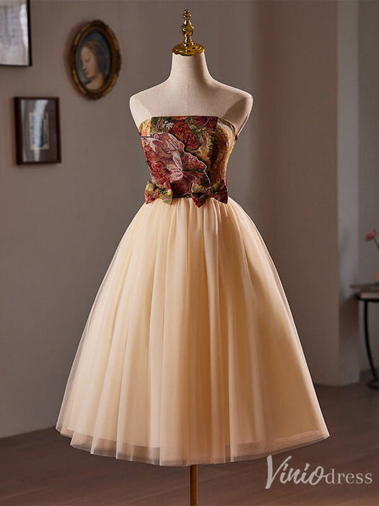 Champagne Strapless Homecoming Dress Jacquard Satin Hoco 2024 Back to School Dress 8015-prom dresses 2025 -Viniodress-Champagne-Custom Size-