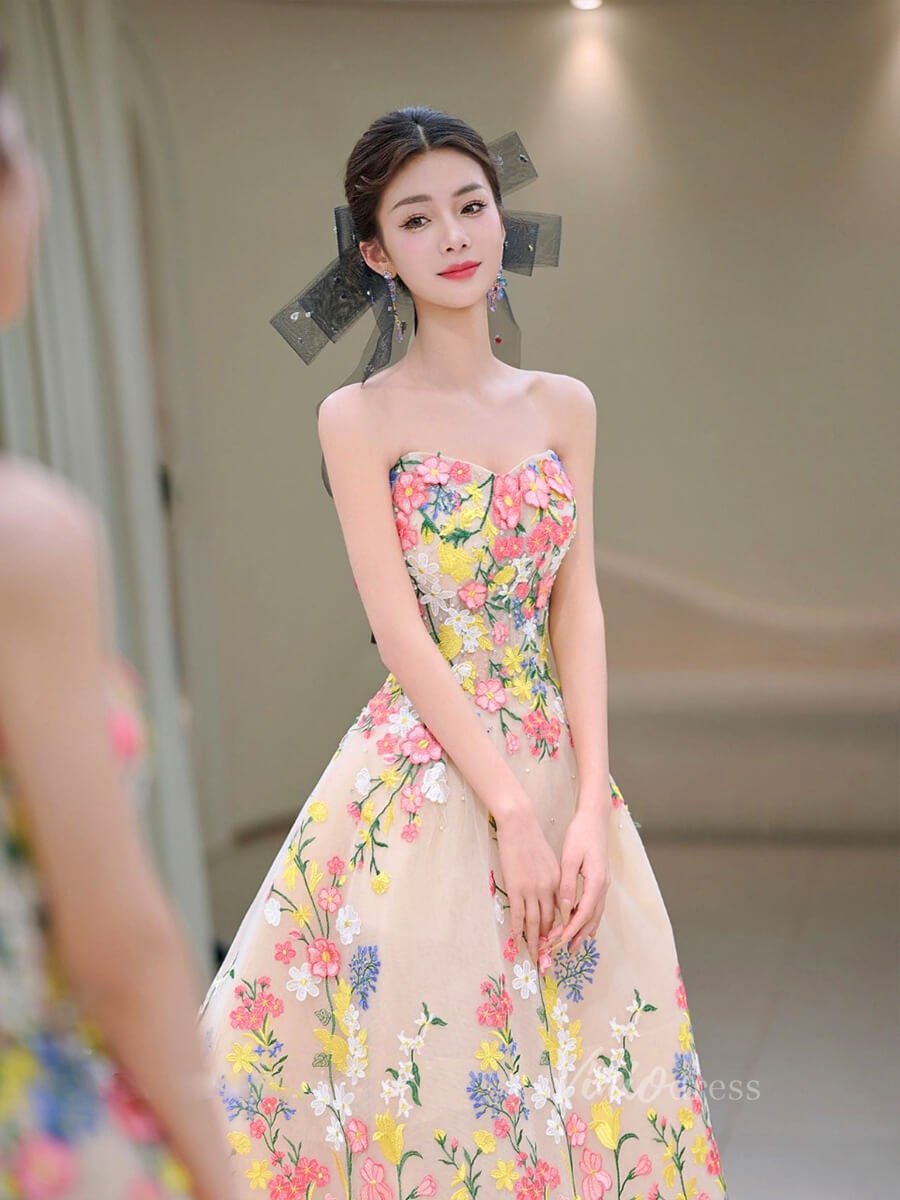 Champagne Tea-Length Floral Embroidered Gown | Strapless Tulle Dress with Pink & Yellow Flowers and Corset Back AD1078-prom dresses 2025 -Viniodress-Champagne-Custom Size-