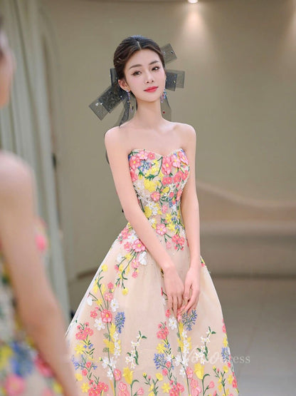 Champagne Tea-Length Floral Embroidered Gown | Strapless Tulle Dress with Pink & Yellow Flowers and Corset Back AD1078-prom dresses 2025 -Viniodress-Champagne-Custom Size-