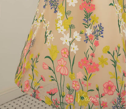 Champagne Tea-Length Floral Embroidered Gown | Strapless Tulle Dress with Pink & Yellow Flowers and Corset Back AD1078-prom dresses 2025 -Viniodress-Champagne-Custom Size-