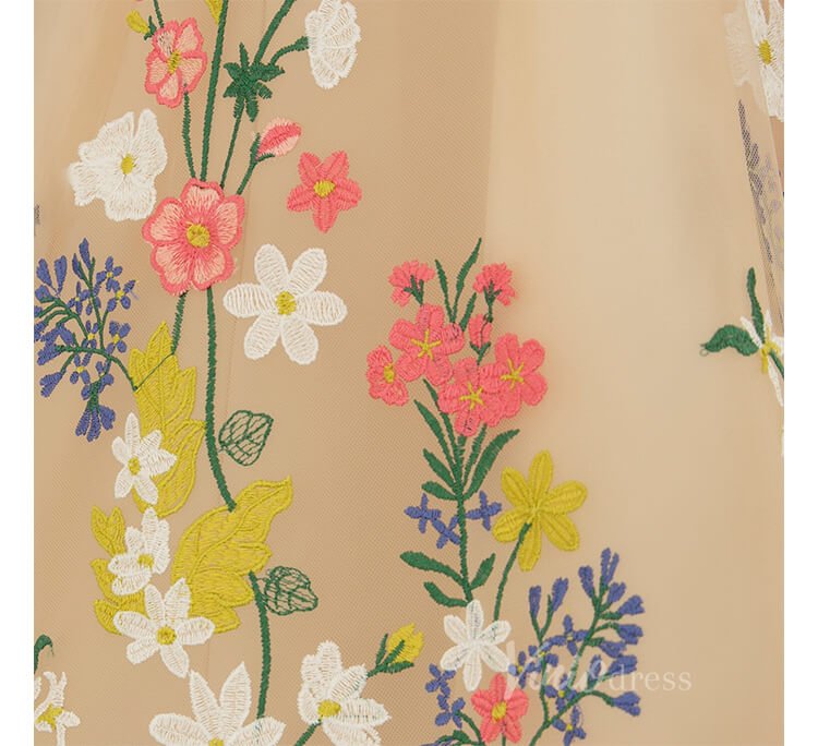 Champagne Tea-Length Floral Embroidered Gown | Strapless Tulle Dress with Pink & Yellow Flowers and Corset Back AD1078-prom dresses 2025 -Viniodress-Champagne-Custom Size-