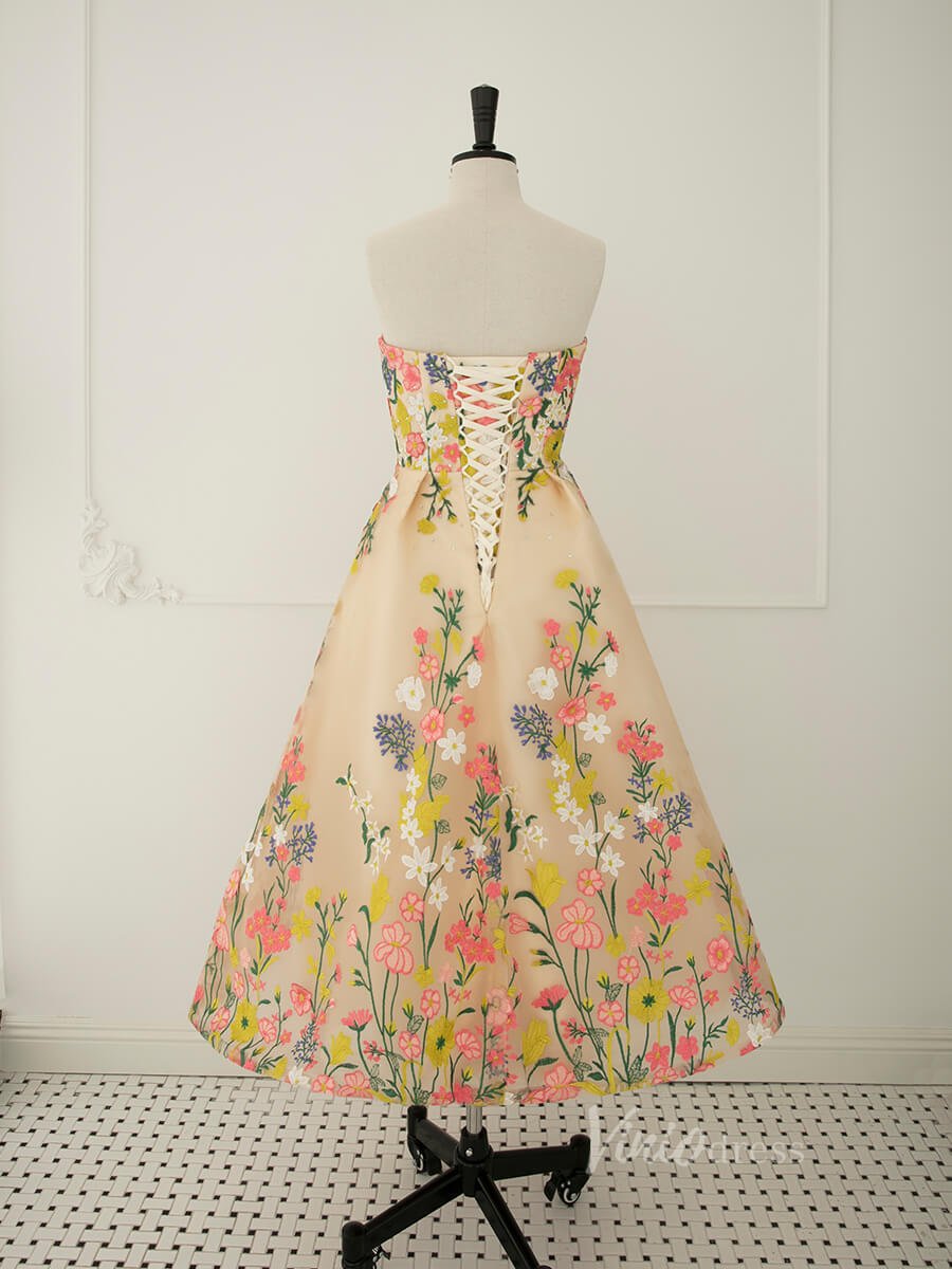 Champagne Tea-Length Floral Embroidered Gown | Strapless Tulle Dress with Pink & Yellow Flowers and Corset Back AD1078-prom dresses 2025 -Viniodress-Champagne-Custom Size-