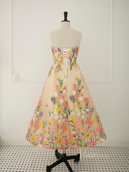 Champagne Tea-Length Floral Embroidered Gown | Strapless Tulle Dress with Pink & Yellow Flowers and Corset Back AD1078-prom dresses 2025 -Viniodress-Champagne-Custom Size-