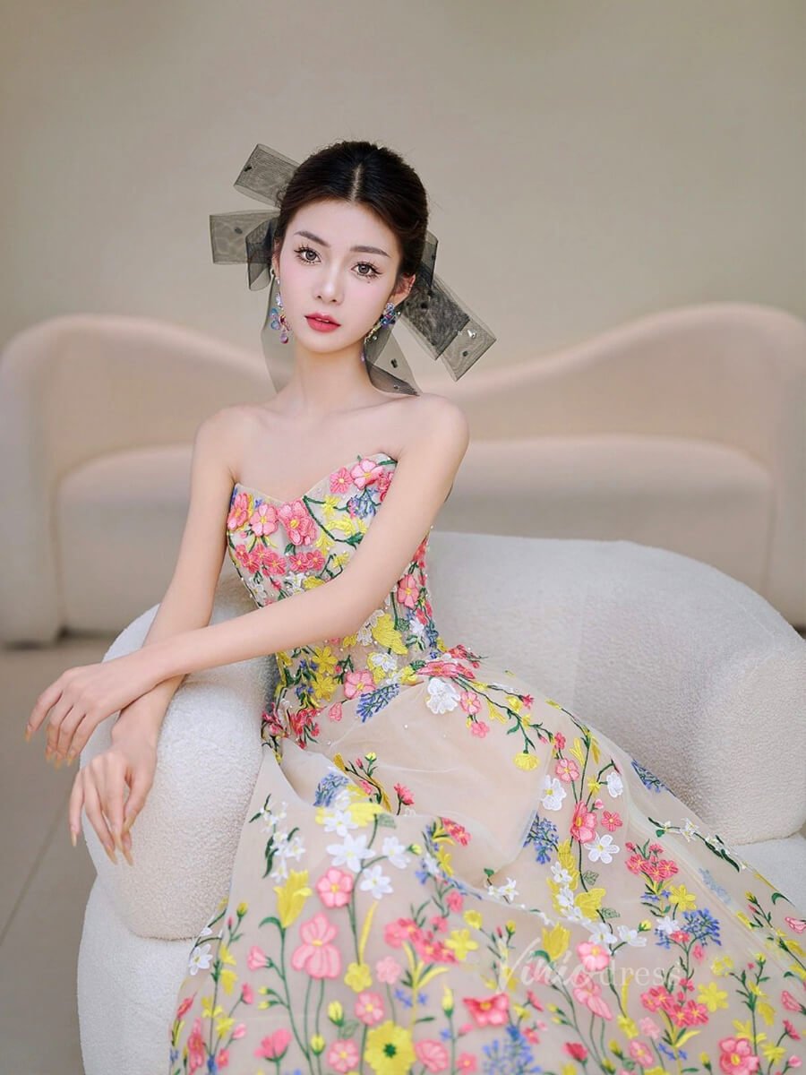 Champagne Tea-Length Floral Embroidered Gown | Strapless Tulle Dress with Pink & Yellow Flowers and Corset Back AD1078-prom dresses 2025 -Viniodress-Champagne-Custom Size-