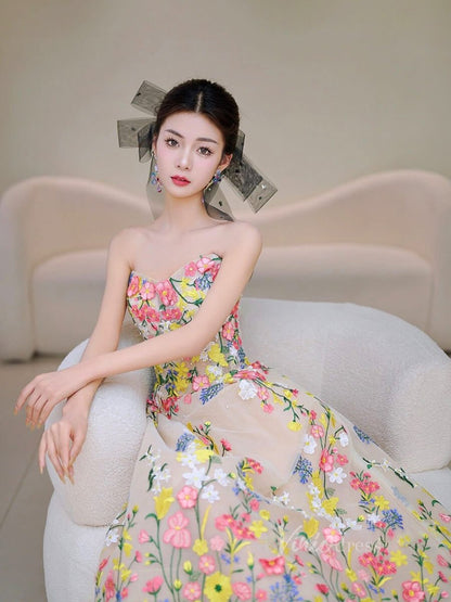 Champagne Tea-Length Floral Embroidered Gown | Strapless Tulle Dress with Pink & Yellow Flowers and Corset Back AD1078-prom dresses 2025 -Viniodress-Champagne-Custom Size-