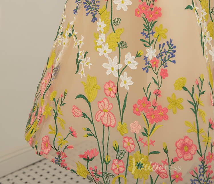 Champagne Tea-Length Floral Embroidered Gown | Strapless Tulle Dress with Pink & Yellow Flowers and Corset Back AD1078-prom dresses 2025 -Viniodress-Champagne-Custom Size-