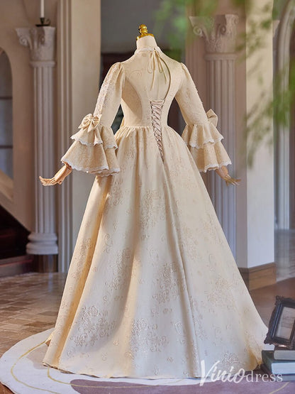 Champagne Tiered Lacy Vintage Ball Gown Long Puffed Sleeve Quinceanera Dress AD1312-Quinceanera Dresses 2025 -Viniodress-Champagne-Custom Size-