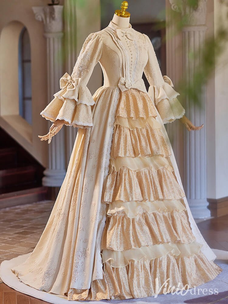 Champagne Tiered Lacy Vintage Ball Gown Long Puffed Sleeve Quinceanera Dress AD1312-Quinceanera Dresses 2025 -Viniodress-Champagne-Custom Size-