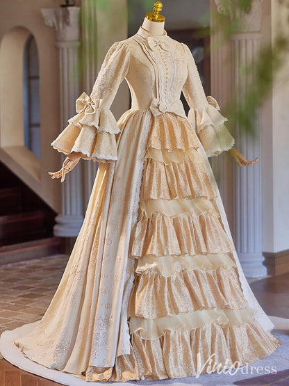 Champagne Tiered Lacy Vintage Ball Gown Long Puffed Sleeve Quinceanera Dress AD1312-Quinceanera Dresses 2025 -Viniodress-Champagne-Custom Size-