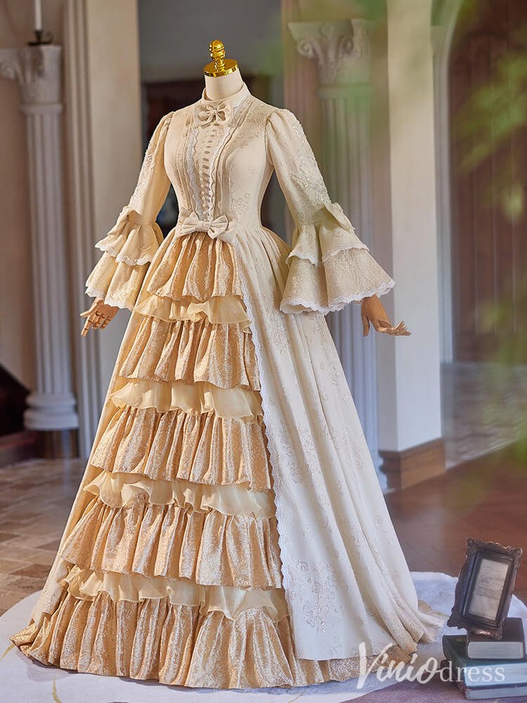 Champagne Tiered Lacy Vintage Ball Gown Long Puffed Sleeve Quinceanera Dress AD1312-Quinceanera Dresses 2025 -Viniodress-Champagne-Custom Size-