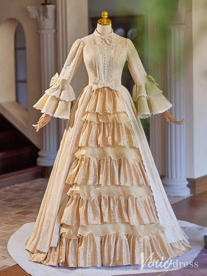 Champagne Tiered Lacy Vintage Ball Gown Long Puffed Sleeve Quinceanera Dress AD1312-Quinceanera Dresses 2025 -Viniodress-Champagne-Custom Size-