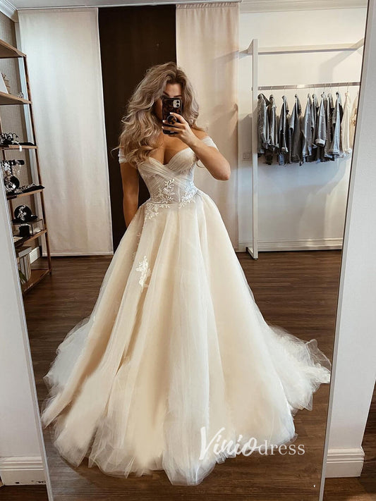 Champagne Tulle Country Wedding Dresses Bridal Gown VW1856-wedding dresses 2025 -Viniodress-Champagne-Custom Size-