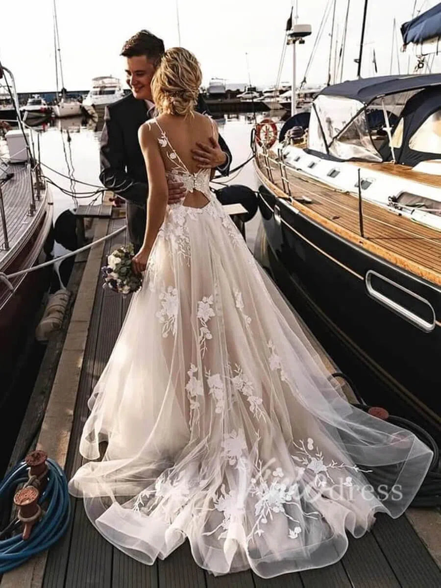 Champagne Tulle Ethereal Wedding Dress | Open Back Gown with White Floral Appliqués & Chapel Train VW1130-wedding dresses 2025 -Viniodress-Champagne-Custom Size-