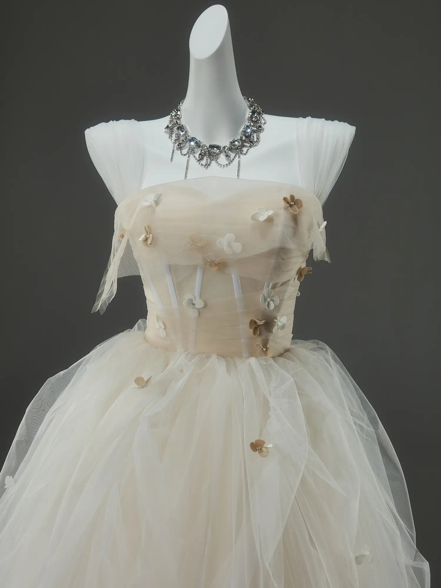 Champagne Tulle Formal Dresses with 3D Flower, Sheer Boned Bodice & Corset Back - CQ0145-Couture Gown 2025 -Viniodress-Champagne-Custom Size-