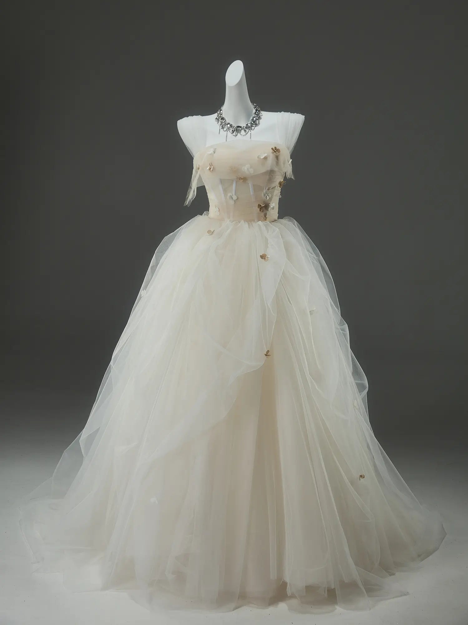 Champagne Tulle Formal Dresses with 3D Flower, Sheer Boned Bodice & Corset Back - CQ0145-Couture Gown 2025 -Viniodress-Champagne-Custom Size-