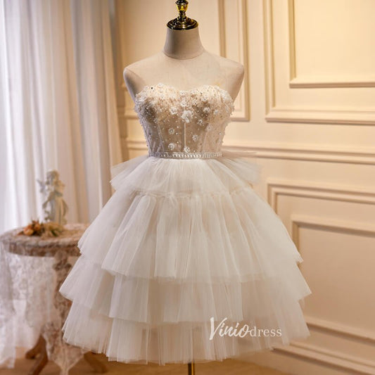 Champagne Tulle Homecoming Dresses Strapless Short Prom Dress SD1582-prom dresses 2025 -Viniodress-Champagne-Custom Size-