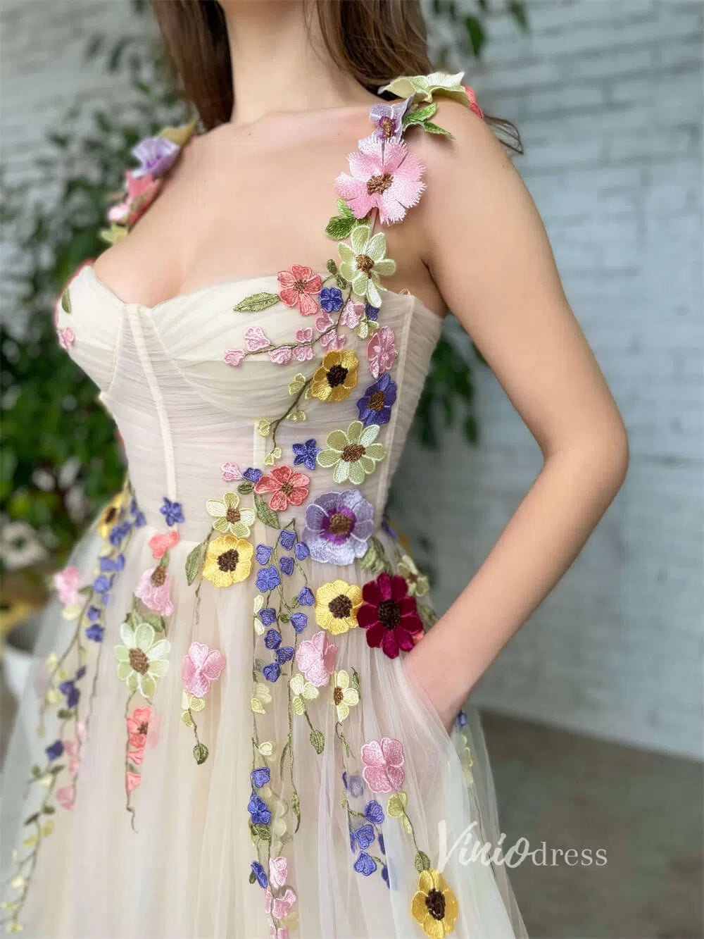 Champagne Tulle Prom Dress with Pockets Flower Appliqued Maxi Dress SD1441-Homecoming Dresses 2025 -Viniodress-Champagne-Custom Size-