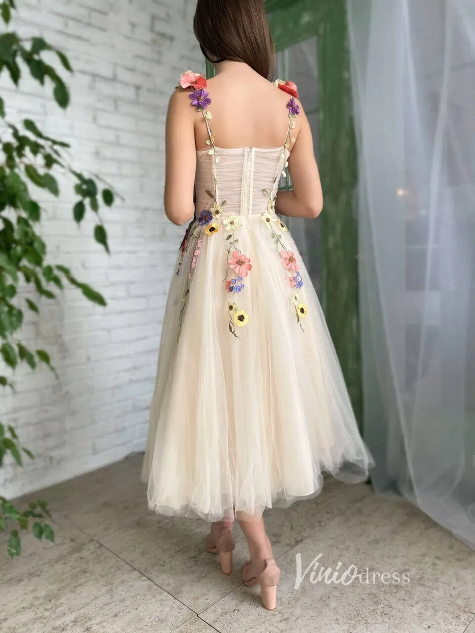 Champagne Tulle Prom Dress with Pockets Flower Appliqued Maxi Dress SD1441-homecoming dresses-Viniodress-Viniodress