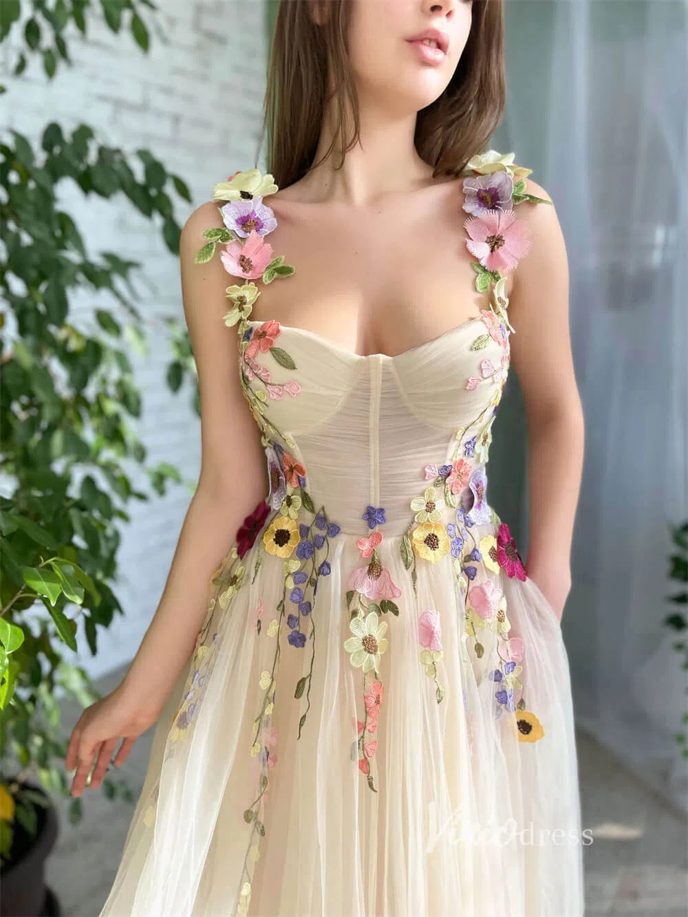 Short Prom Dresses 2025 Champagne Tulle Prom Dress with Pockets Flower Appliqued Maxi Dress SD1441-homecoming dresses-Viniodress-Champagne-Custom Size-Viniodress