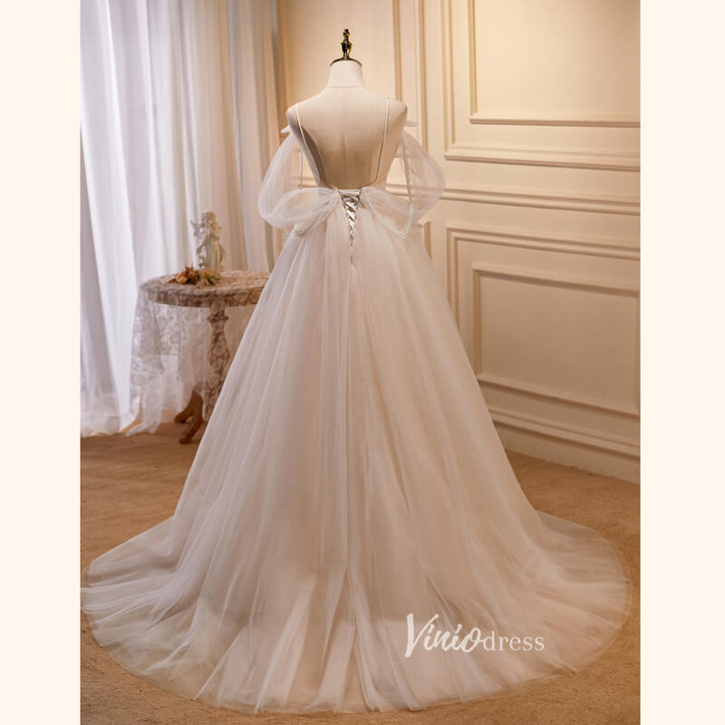 Champagne Tulle Prom Dresses Spaghetti Strap Evening Dress FD3209-prom dresses 2025 -Viniodress-Champagne-Custom Size-