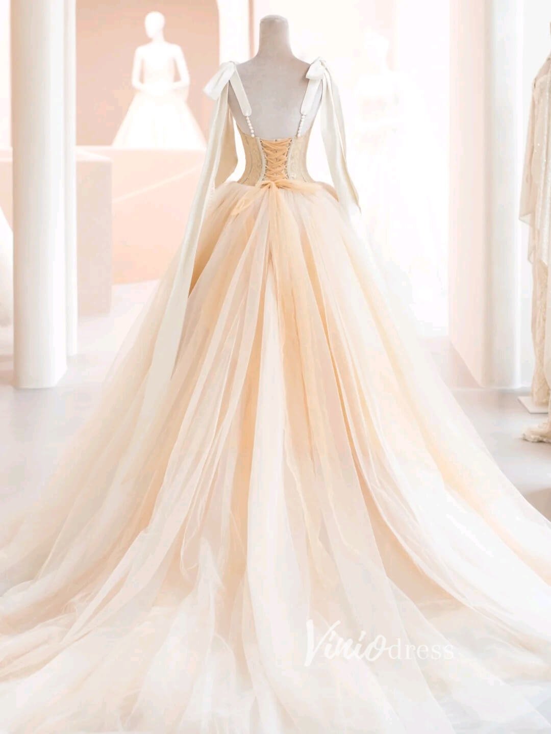 Champagne Tulle Prom Dresses Spaghetti Strap Formal Gown FD3432-prom dresses 2025 -Viniodress-Champagne-Custom Size-