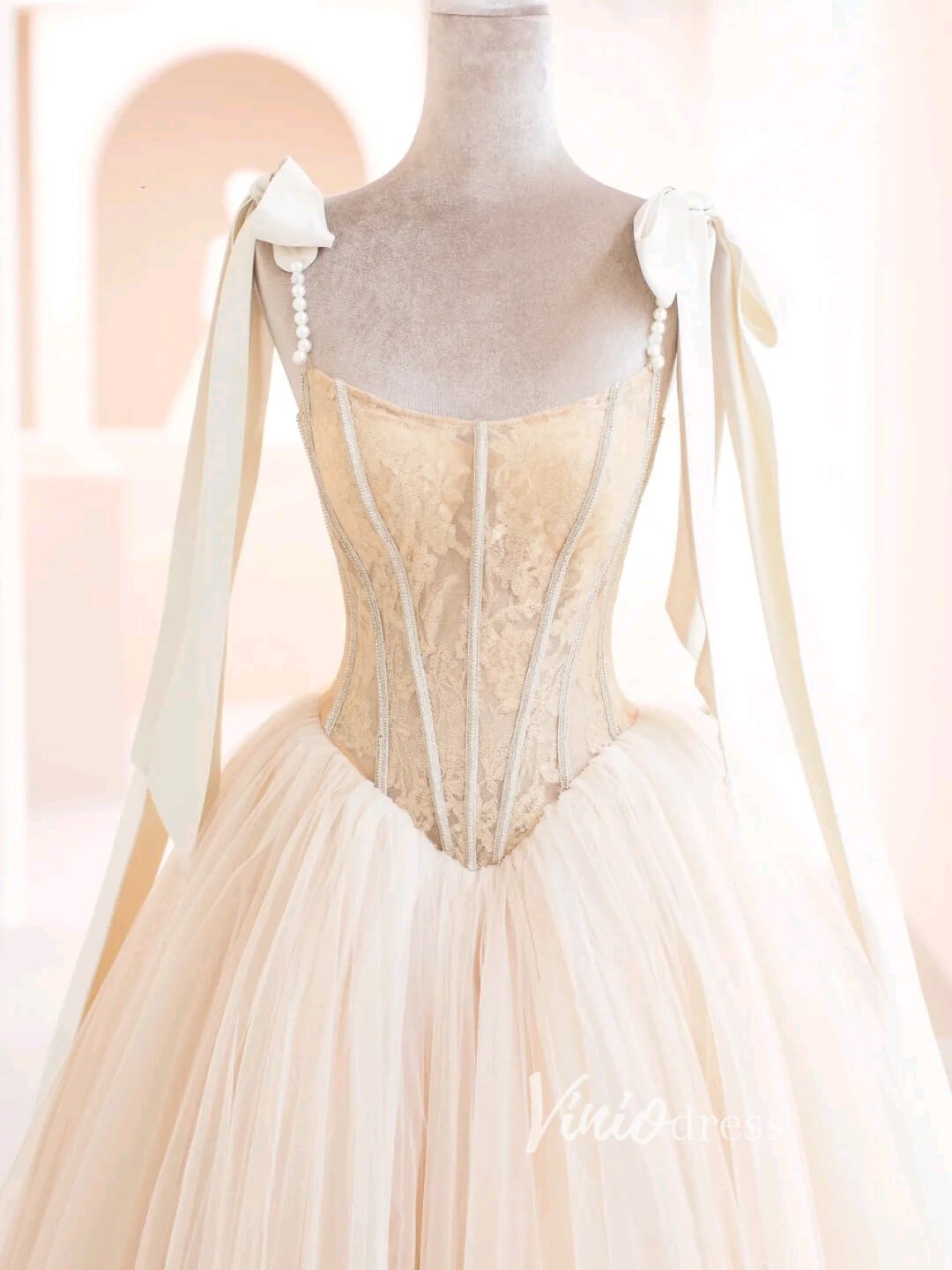 Champagne Tulle Prom Dresses Spaghetti Strap Formal Gown FD3432-prom dresses 2025 -Viniodress-Champagne-Custom Size-