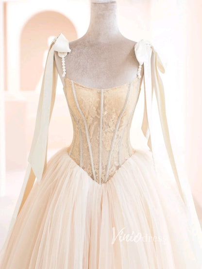 Champagne Tulle Prom Dresses Spaghetti Strap Formal Gown FD3432-prom dresses 2025 -Viniodress-Champagne-Custom Size-