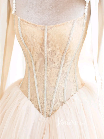 Champagne Tulle Prom Dresses Spaghetti Strap Formal Gown FD3432-prom dresses 2025 -Viniodress-Champagne-Custom Size-