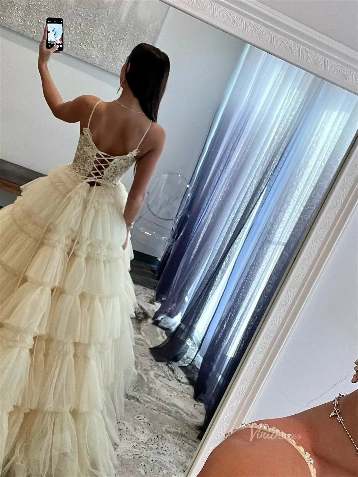 Champagne Tulle Tiered Prom Dresses with Spaghetti Strap, Plunging V-Neck & Lace Bodice - FD3749-prom dresses 2025 -Viniodress-Champagne-Custom Size-