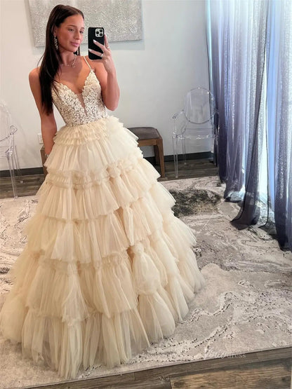 Champagne Tulle Tiered Prom Dresses with Spaghetti Strap, Plunging V-Neck & Lace Bodice - FD3749-prom dresses 2025 -Viniodress-Champagne-Custom Size-