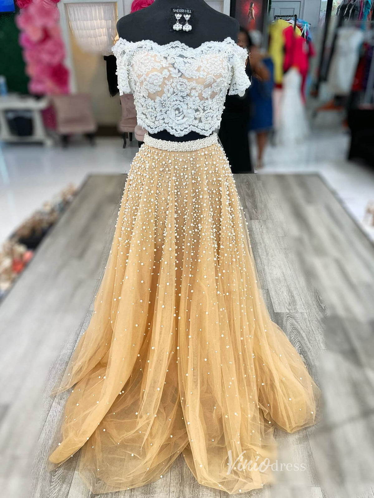 Champagne Two Piece Prom Dresses Sheer Lace Bodice Pearl Tulle FD4006-prom dresses-Viniodress-Champagne-Custom Size-Viniodress