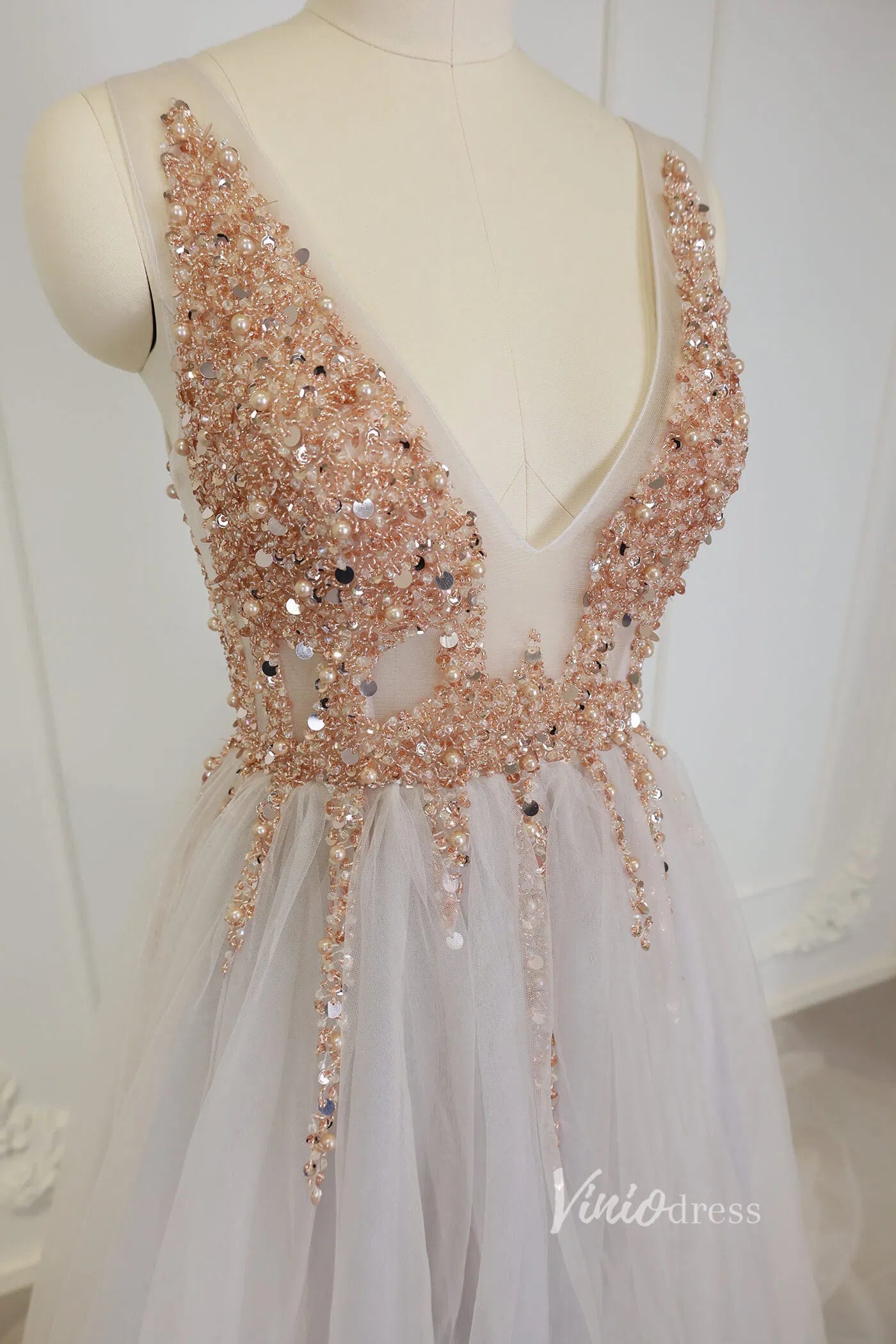 Champagne V-neck Formal Dresses Beading Sexy Prom Dress Viniodress FD1293-prom dresses-Viniodress-Viniodress