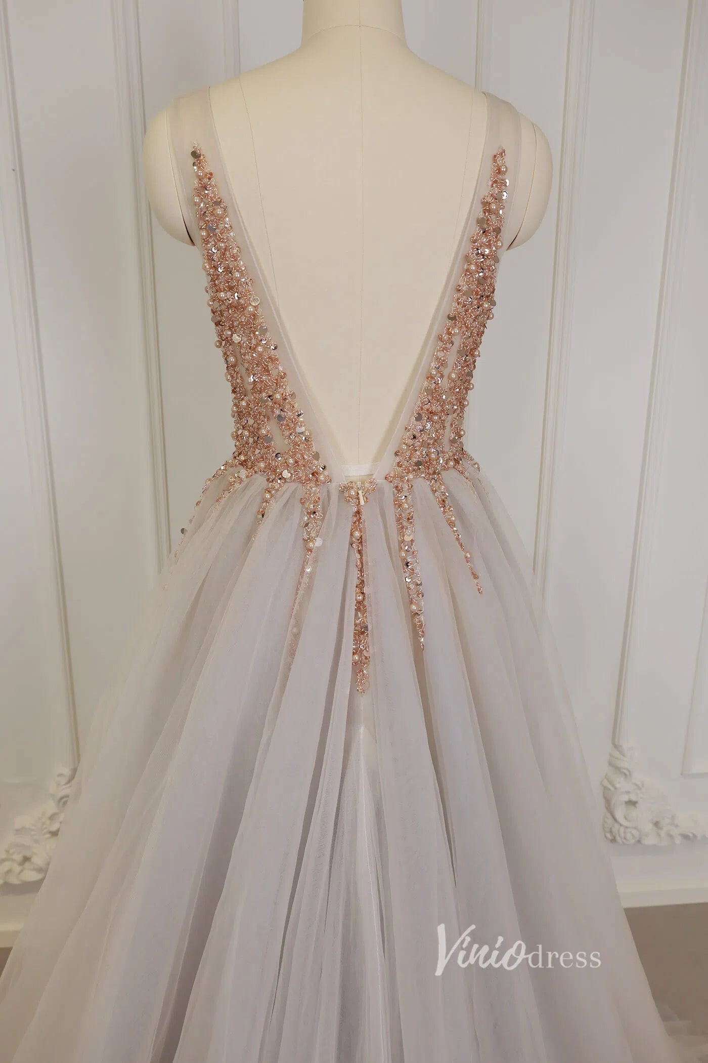 Champagne V-neck Formal Dresses Beading Sexy Prom Dress Viniodress FD1293-prom dresses-Viniodress-Viniodress