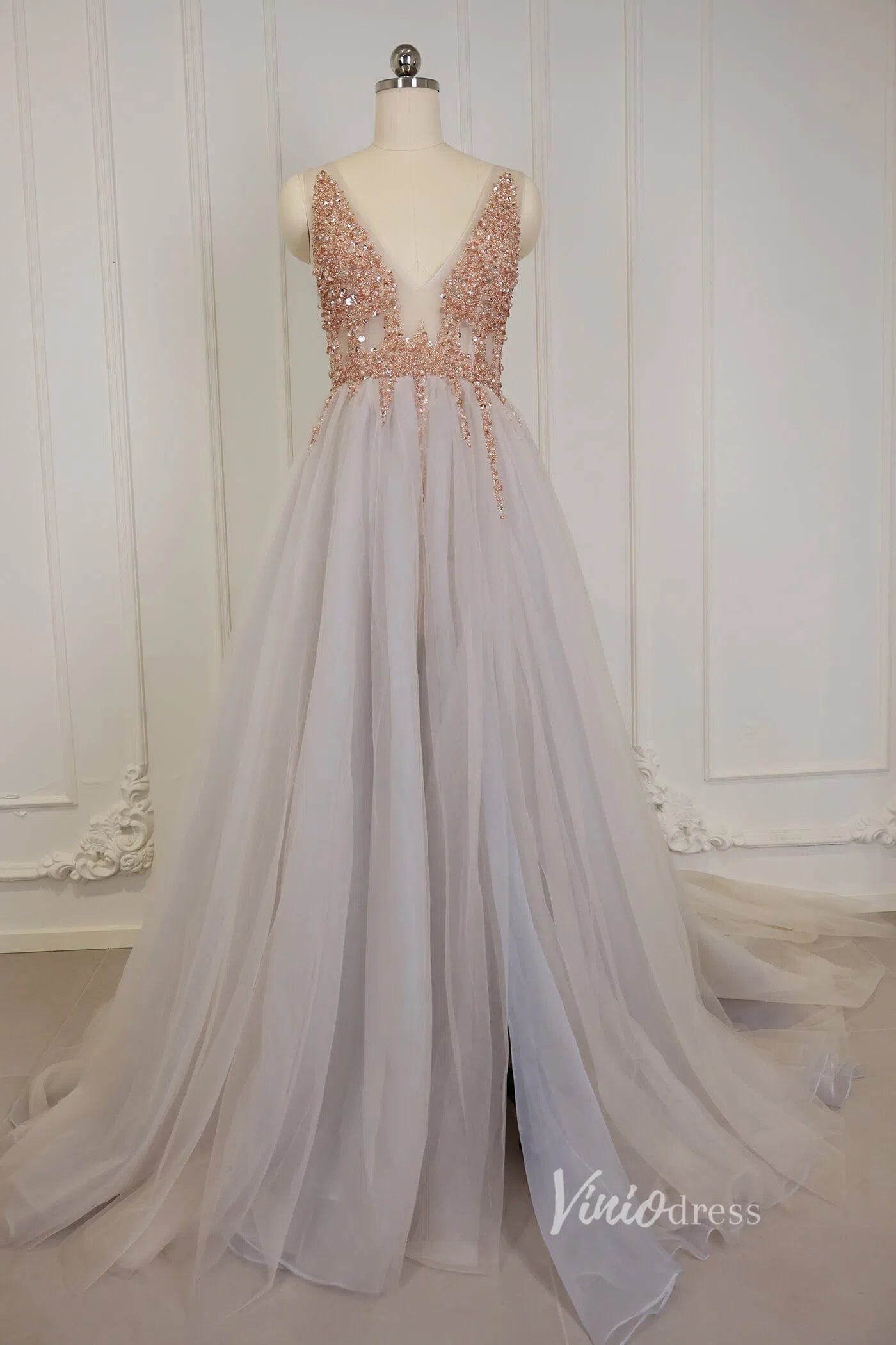 Champagne V-neck Formal Dresses Beading Sexy Prom Dress Viniodress FD1293-prom dresses-Viniodress-Champagne-Custom Size-Viniodress