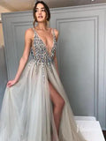 Champagne V-neck Formal Dresses Beading Sexy Prom Dress Viniodress FD1293-prom dresses-Viniodress-Grey-Custom Size-Viniodress