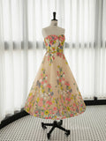 Champange Floral Lace Applique Prom Dresses Strapless Tea-Length Dress AD1078