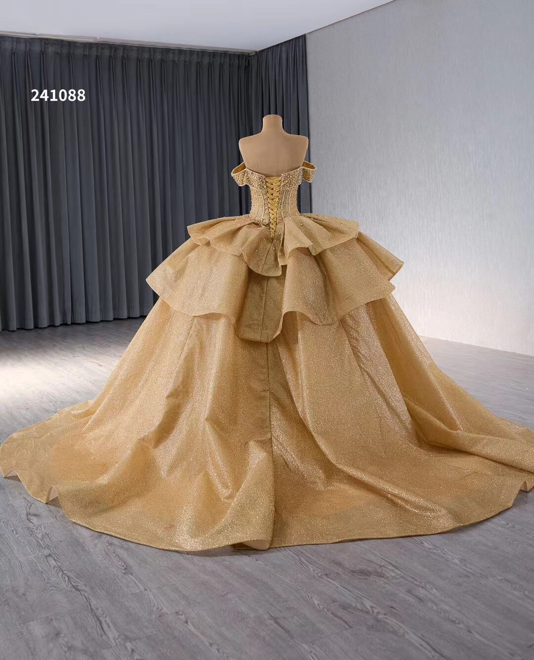 Champange Shimmering Beaded Wedding Gowns Ruffled Off the Shoulder Quince Dress 241088-Quinceanera Dresses 2025 -Viniodress-Champagne-Custom Size-