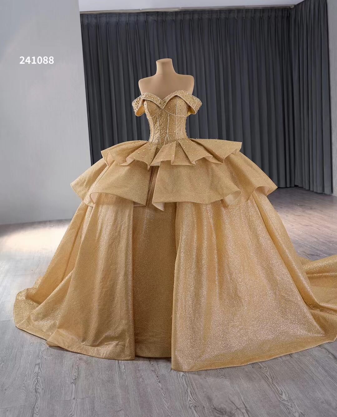 Champange Shimmering Beaded Wedding Gowns Ruffled Off the Shoulder Quince Dress 241088-Quinceanera Dresses 2025 -Viniodress-Champagne-Custom Size-