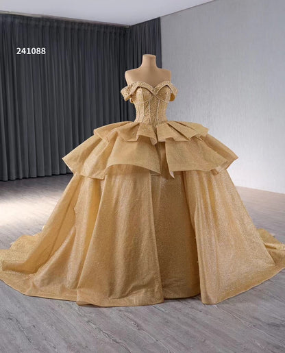 Champange Shimmering Beaded Wedding Gowns Ruffled Off the Shoulder Quince Dress 241088-Quinceanera Dresses 2025 -Viniodress-Champagne-Custom Size-