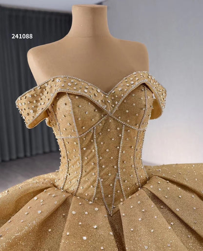 Champange Shimmering Beaded Wedding Gowns Ruffled Off the Shoulder Quince Dress 241088-Quinceanera Dresses 2025 -Viniodress-Champagne-Custom Size-
