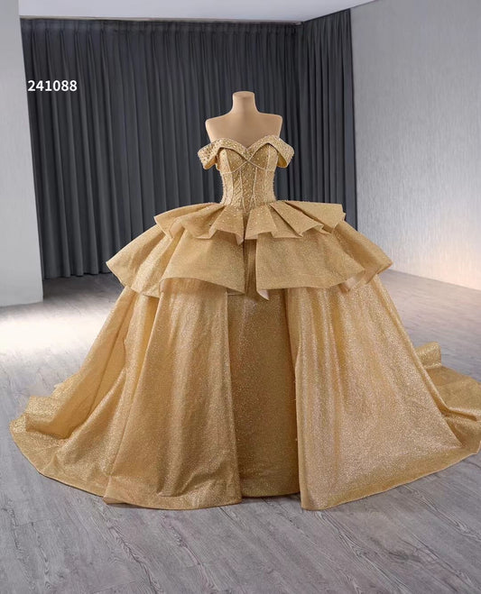 Champange Shimmering Beaded Wedding Gowns Ruffled Off the Shoulder Quince Dress 241088-Quinceanera Dresses 2025 -Viniodress-Champagne-Custom Size-