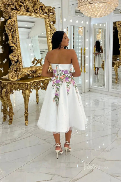 Charming Floral Embroidered Midi Wedding Dress with Strapless Neckline & Pearl-Beaded Skirt – FW251-wedding dresses 2025 -Viniodress-Ivory-Custom Size-